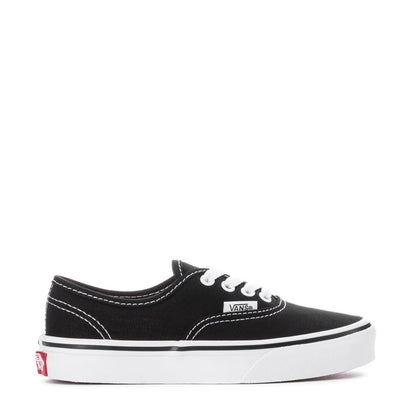 Kids' Vans black canvas sneakers, white laces, sidewall stitching