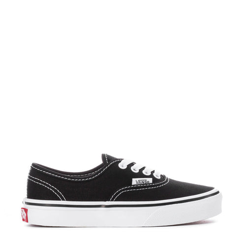 Kids' Vans black canvas sneakers, white laces, sidewall stitching
