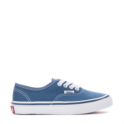 Kids navy canvas Vans sneaker with white laces, side stripe stitching, and white sole