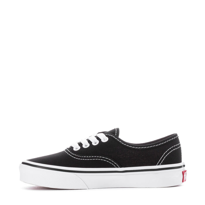 Kids' Vans black canvas sneaker with white laces and white rubber sole
