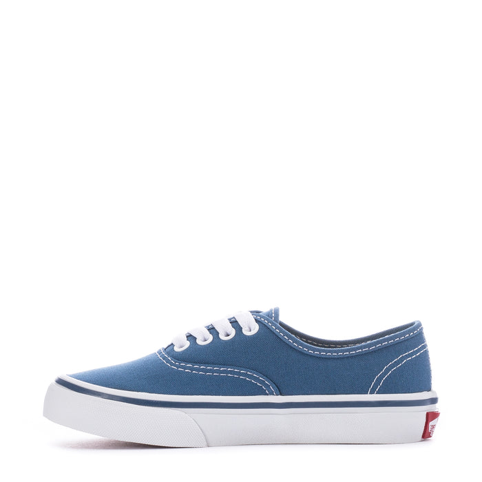 Kids navy canvas Vans low-top sneaker with white laces and white rubber outsole