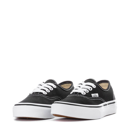 Kids' Vans black canvas sneakers, pair view, white laces and toe stitching