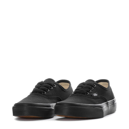 Pair of kids black Vans lace-up sneakers, front and side angle view