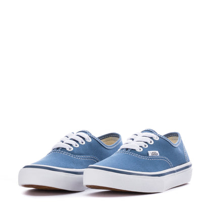 Pair of kids navy canvas Vans sneakers with white laces and white platform sole