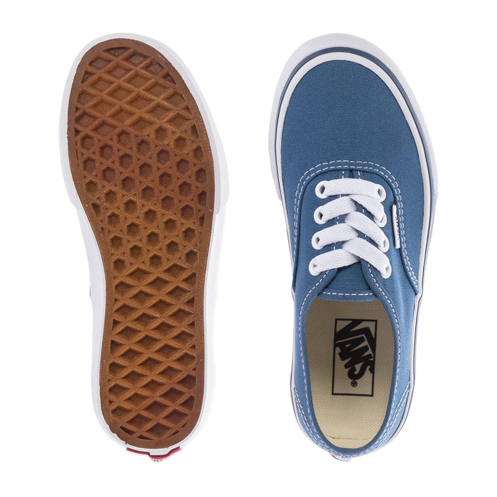 Kids navy Vans sneaker soles view: textured traction outsole and sidewall label