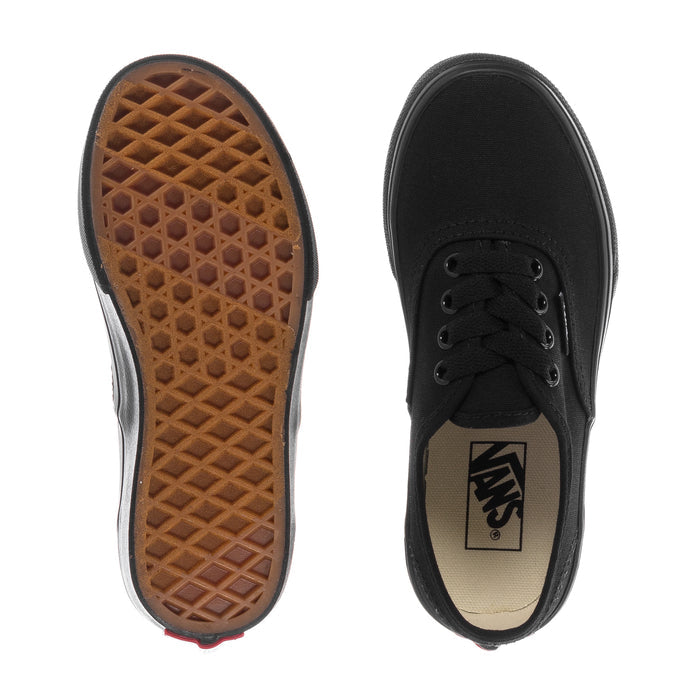 Kids black Vans sneaker outsole and interior view with Vans logo patch