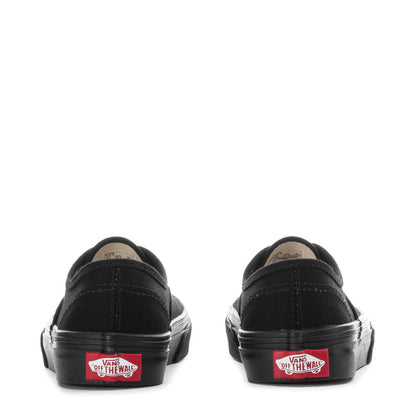 Kids black Vans lace-up sneaker back view with red "Off the Wall" label