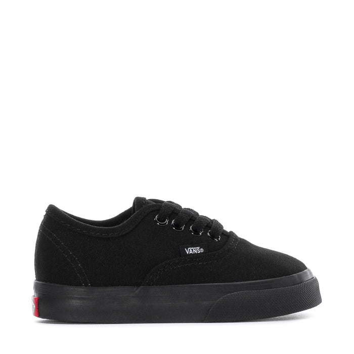Toddler black low-top sneakers, lace-up canvas with Vans logo and rubber sole