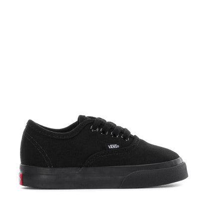 Toddler black low-top sneakers, lace-up canvas with Vans logo and rubber sole