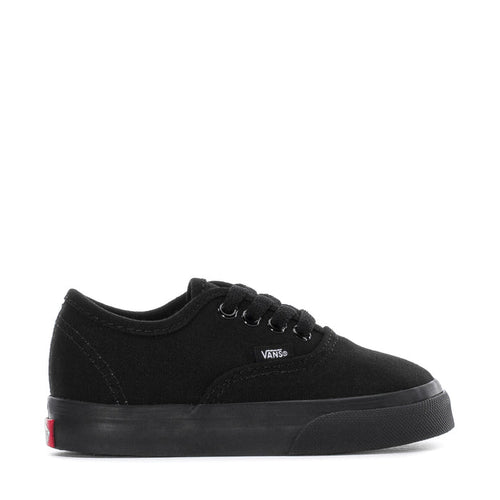 Toddler black low-top sneakers, lace-up canvas with Vans logo and rubber sole