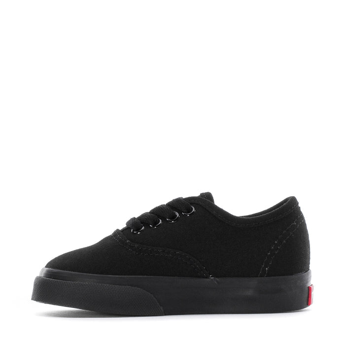 Toddler black low-top sneakers, side profile with stitched seams and lace-up design