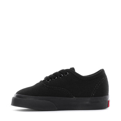 Toddler black low-top sneakers, side profile with stitched seams and lace-up design