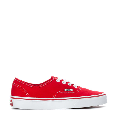 Youth red canvas sneakers with white laces, VANS logo patch, and white rubber sole