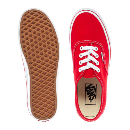 Youth red sneaker outsole and side view with white rubber trim and VANS logo tag