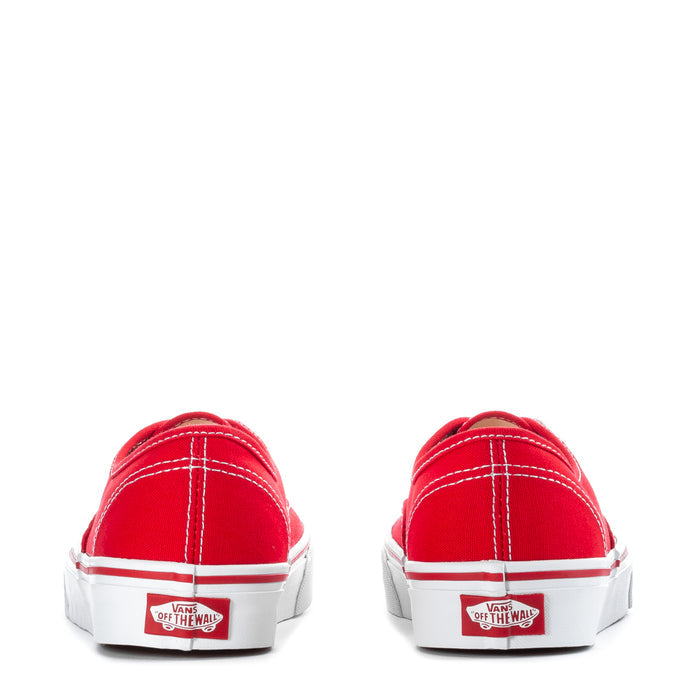 Back view of youth red canvas sneakers with white midsoles and VANS Off the Wall labels