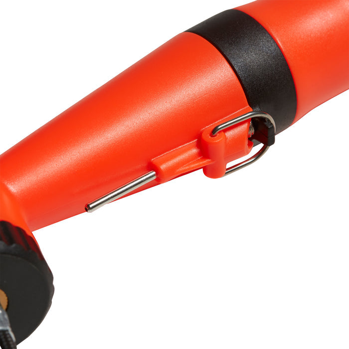 Solar red inflator cylinder with black band and spring clip valve
