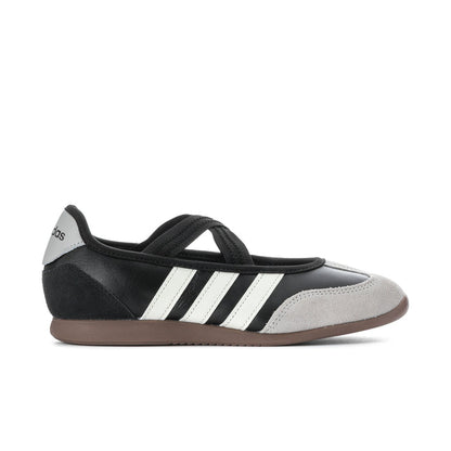 Women’s mary jane sneakers, side profile in black and white with three-striped design