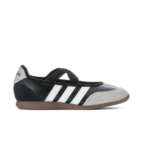 Women’s mary jane sneakers, side profile in black and white with three-striped design