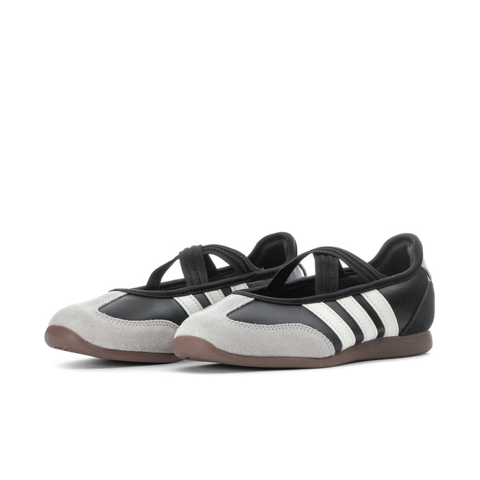 Women’s mary jane sneakers, black and white with three stripes and gum outsole