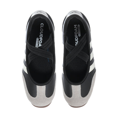 Women’s mary jane sneakers with black interior and white/gray uppers, front view