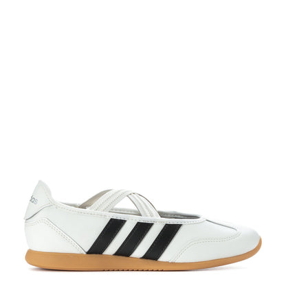 Youth Mary Jane sneaker with white upper, black three-stripe band, tan gum sole.