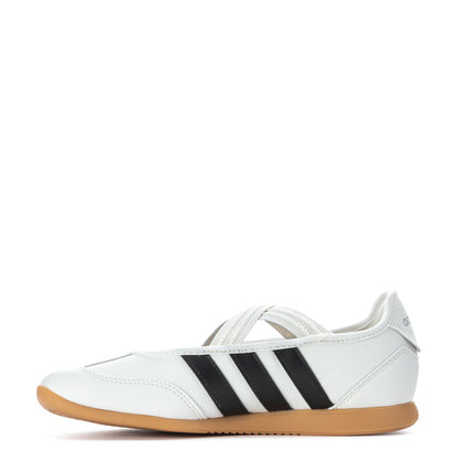 Youth Mary Jane sneaker, white with black stripes and woven strap, tan gum sole.