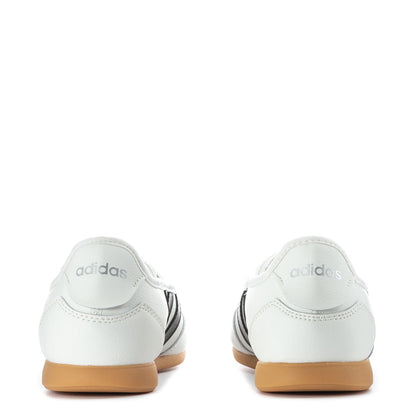 Youth Mary Jane sneakers, white back view with adidas logo and tan gum heel.