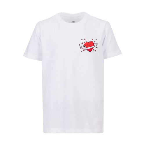 Youth white crewneck T-shirt with red heart planet graphic at chest