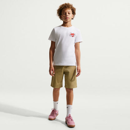 Youth white crewneck T-shirt with small red heart planet graphic on the front