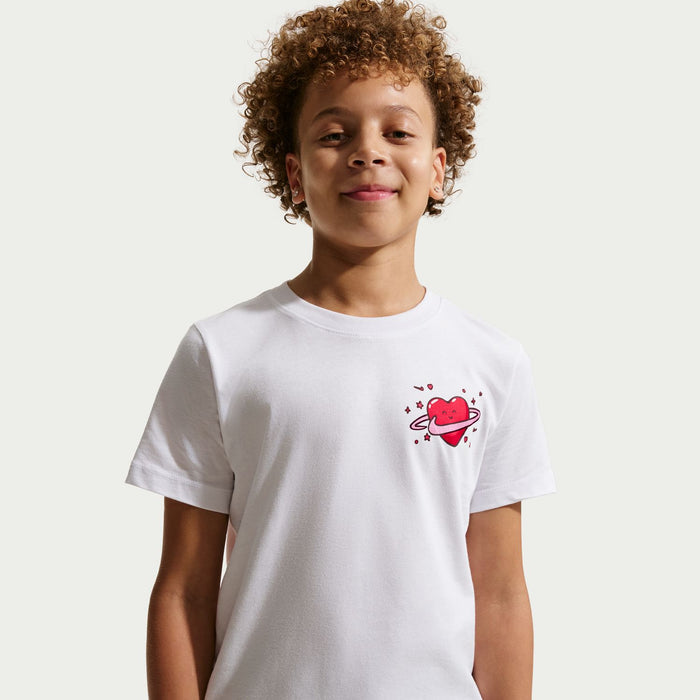 White youth crewneck T-shirt with red heart planet graphic on left chest