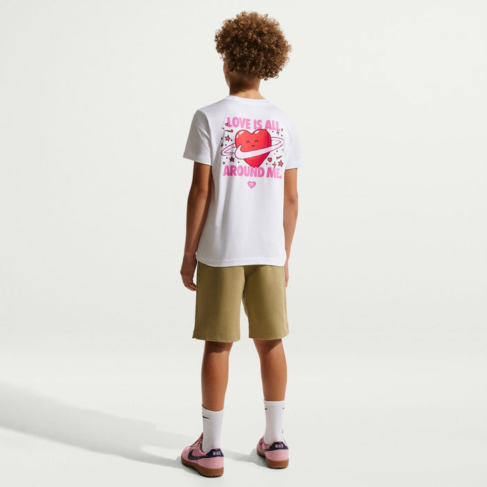 Youth white crewneck T-shirt with back text 'LOVE IS ALL AROUND ME'