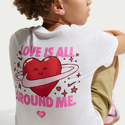 Youth white crewneck T-shirt back print with 'LOVE IS ALL AROUND ME' heart planet