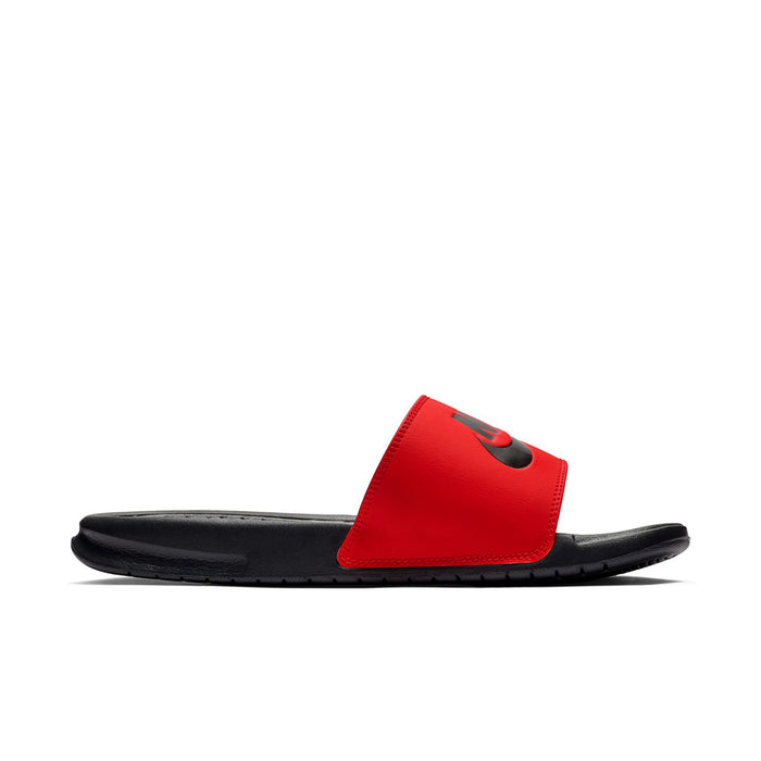 Red slide sandals with black strap and Nike logo