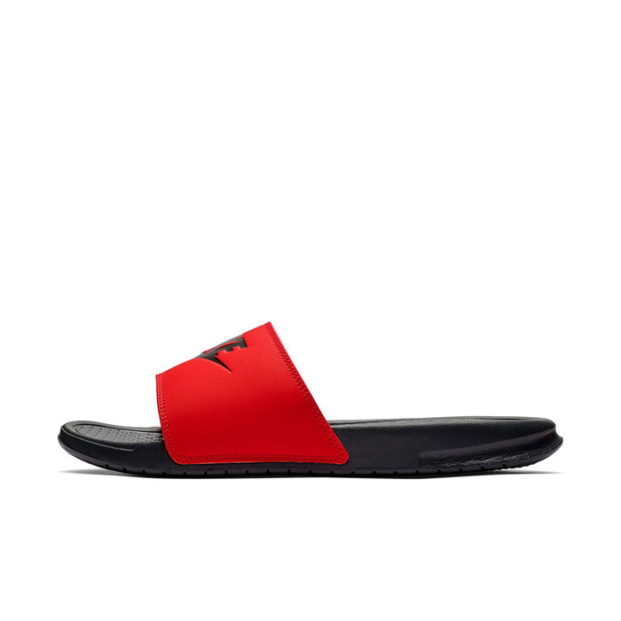 Red slide sandals with black footbed and angled strap detail