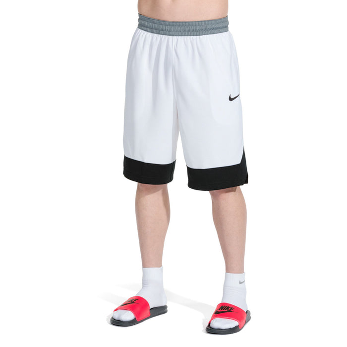 Red slide sandals with Nike logo worn with white socks and white shorts