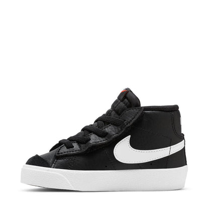 Black toddler high-top sneaker with white swoosh, black laces, and white midsole.