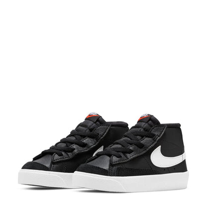 Pair of black toddler high-top sneakers with white swoosh and white midsole.