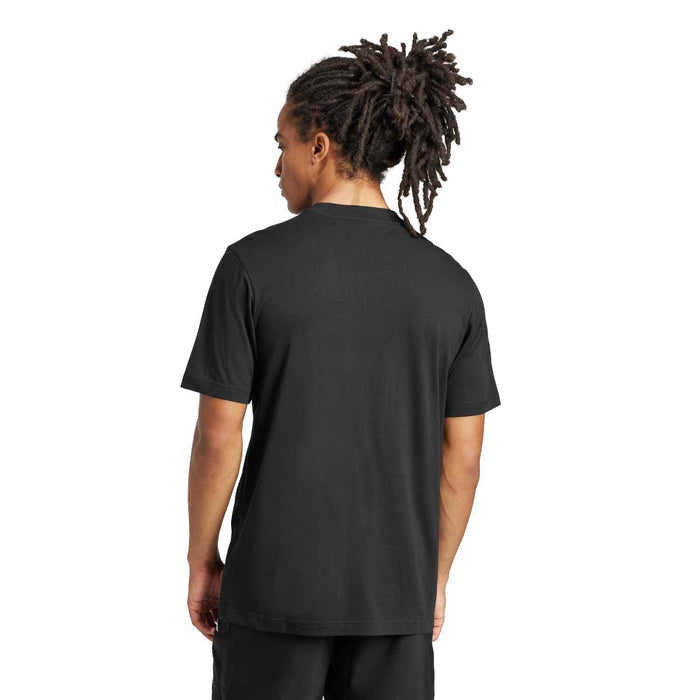 Men's black t-shirt back view with crewneck; short sleeves