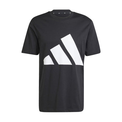 Black men’s crew-neck T-shirt with large white logo graphic across the chest.