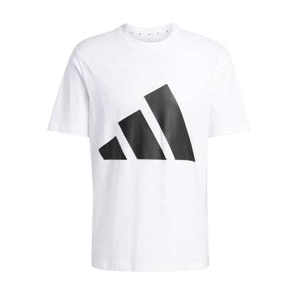 Men's white crewneck graphic T-shirt with large black triple-stripe front print