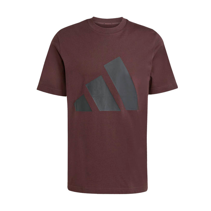 Men's brown crew-neck T-shirt with large blue-gray logo print
