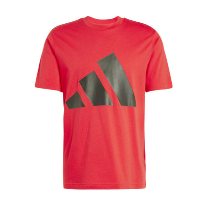 Men's red crewneck graphic T-shirt with large black logo print on chest