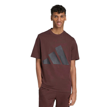 Men's brown crew-neck T-shirt with large blue-gray logo print, worn by model