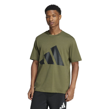 Men's olive crewneck t-shirt with large dark graphic logo on chest