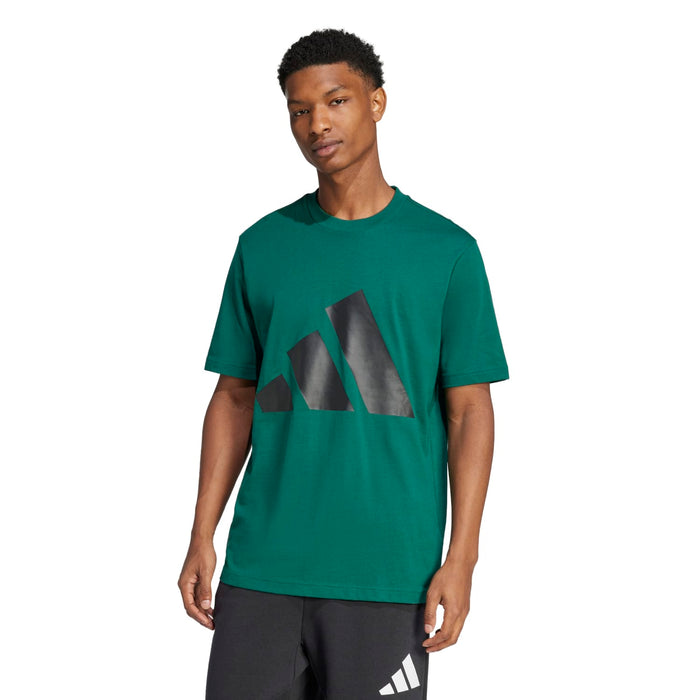 Men's collegiate green graphic T-shirt, worn with dark pants