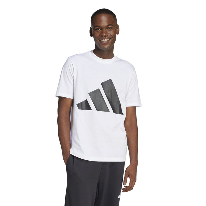 Men's white crewneck graphic T-shirt with black triple-stripe front print, short sleeves