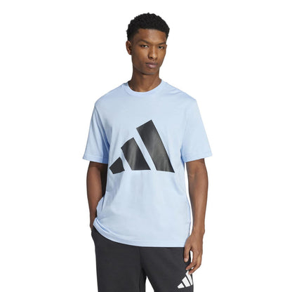 Men's light blue T-shirt worn by model, black triangular logo graphic