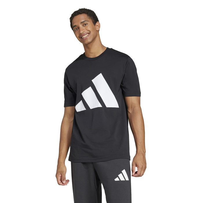 Black men’s T-shirt with white logo graphic on the chest and short sleeves.