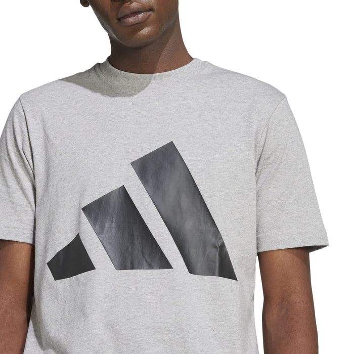 Men's heather grey T-shirt with large black graphic logo, crew neck close-up