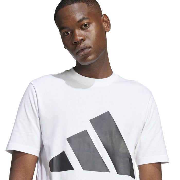 Men's white crewneck graphic T-shirt featuring a black triple-stripe front print